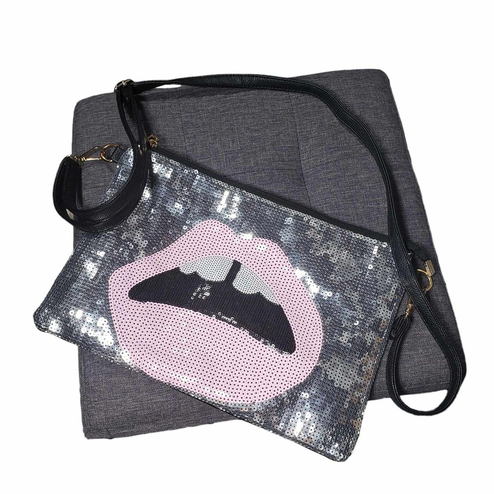 Black Silver Pink Sequin Gap Tooth Lip Crossbody Clutch Handbag